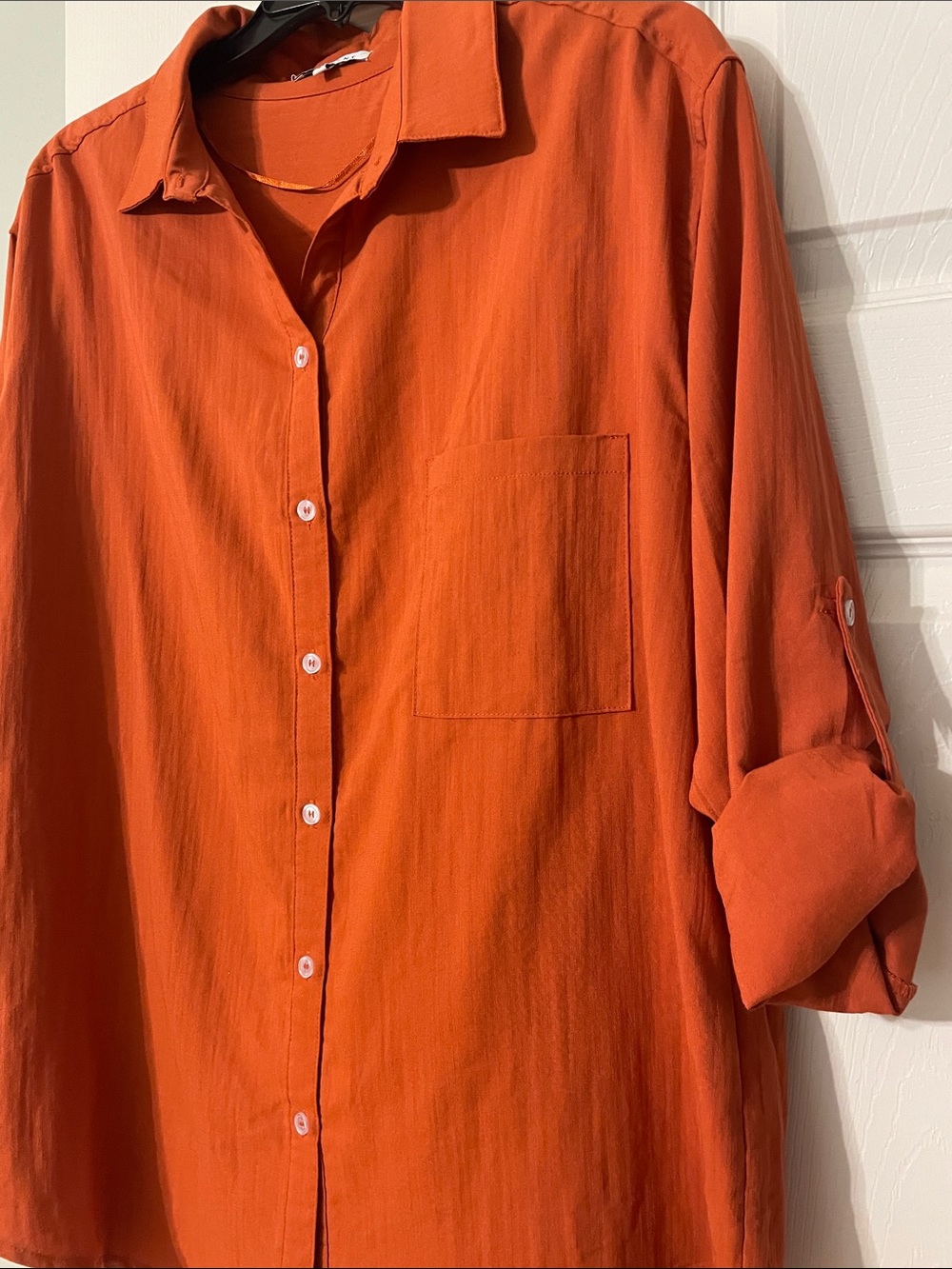 CRESCENT Boutique Burnt Orange tunic length blouse w/roll button sleeves